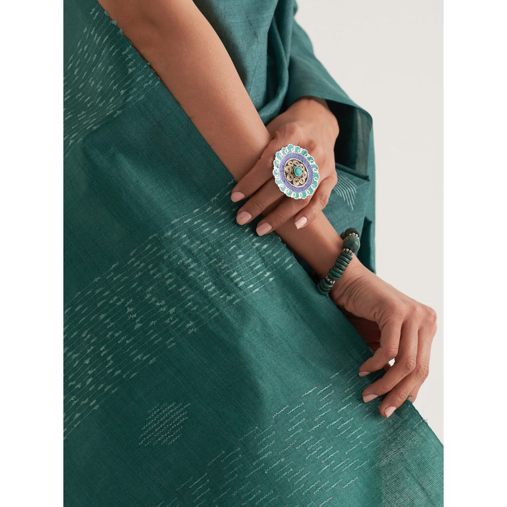 Five Point Five Green Motif Woven Overall Saree with Unstitched Blouse
