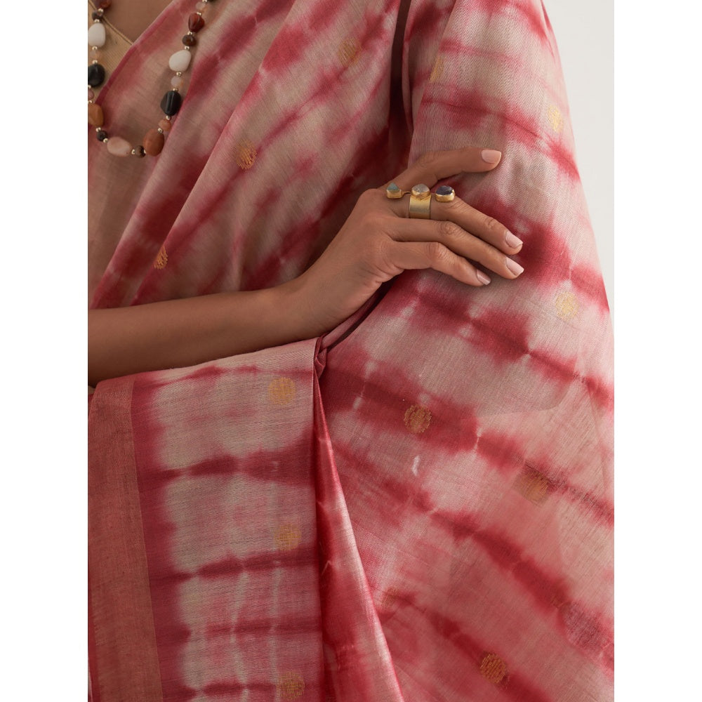 Five Point Five Pink Shibori Polka Dots Woven Saree with Unstitched Blouse