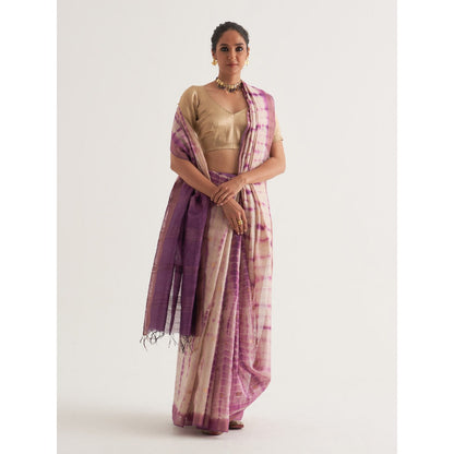 Five Point Five Purple Shibori Polka Dots Woven Saree with Unstitched Blouse