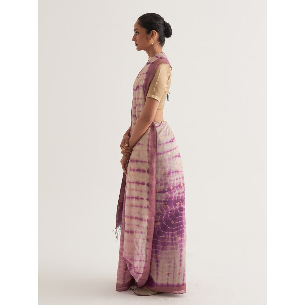 Five Point Five Purple Shibori Polka Dots Woven Saree with Unstitched Blouse