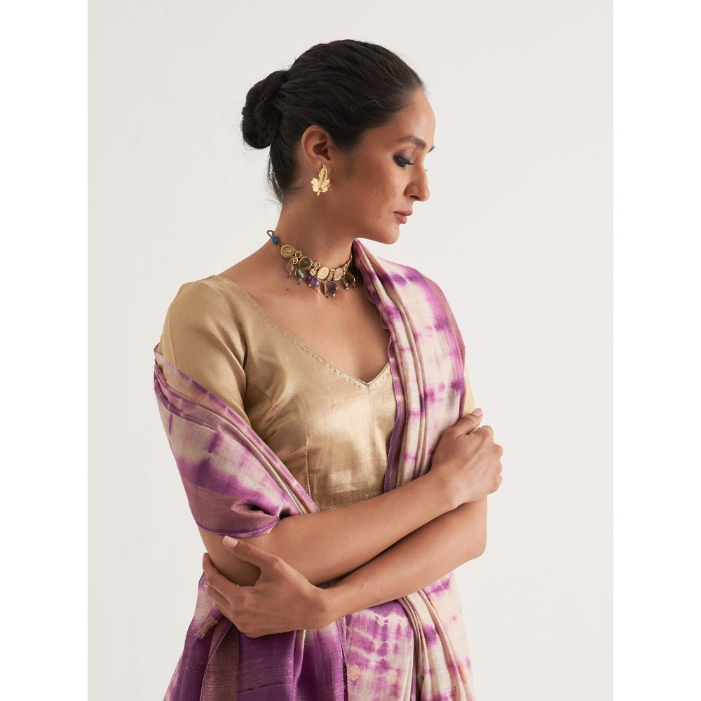 Five Point Five Purple Shibori Polka Dots Woven Saree with Unstitched Blouse