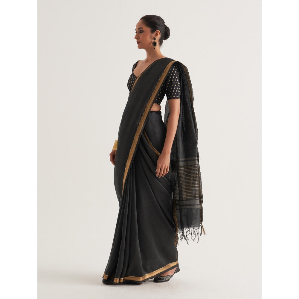 Five Point Five Black Woven Border and Stripes Saree with Unstitched Blouse