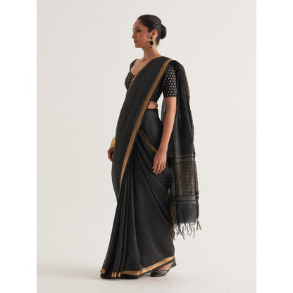 Five Point Five Black Woven Border and Stripes Saree with Unstitched Blouse