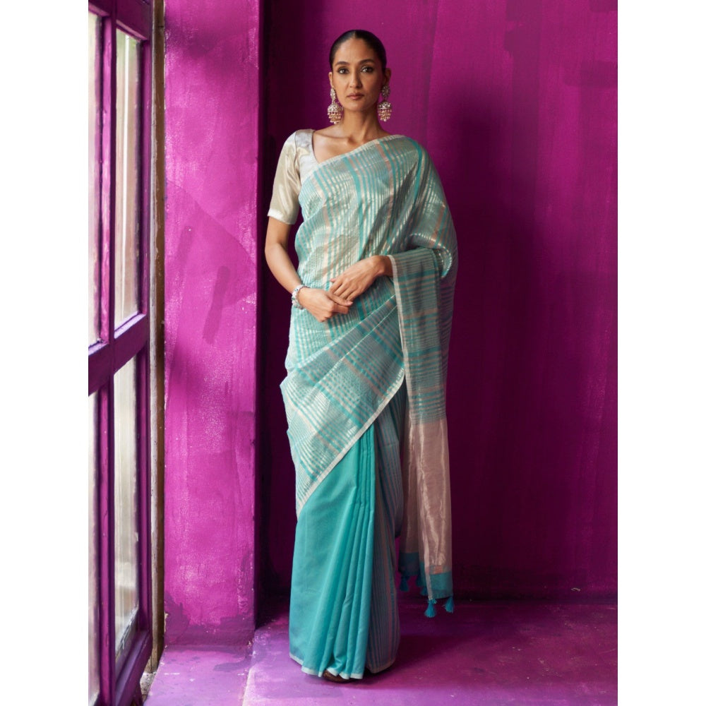 Five Point Five Green Stripes Shabana Saree with Unstitched Blouse