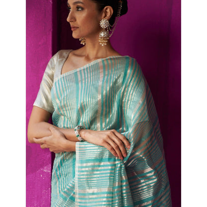 Five Point Five Green Stripes Shabana Saree with Unstitched Blouse