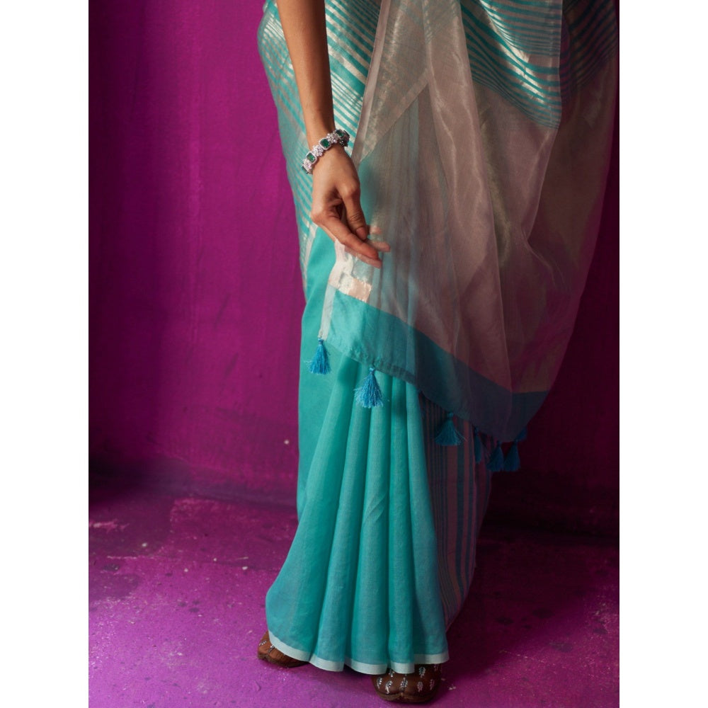 Five Point Five Green Stripes Shabana Saree with Unstitched Blouse