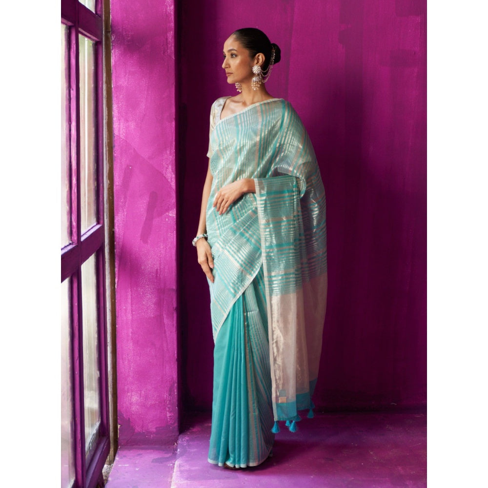 Five Point Five Green Stripes Shabana Saree with Unstitched Blouse
