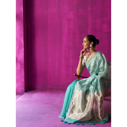 Five Point Five Green Stripes Shabana Saree with Unstitched Blouse