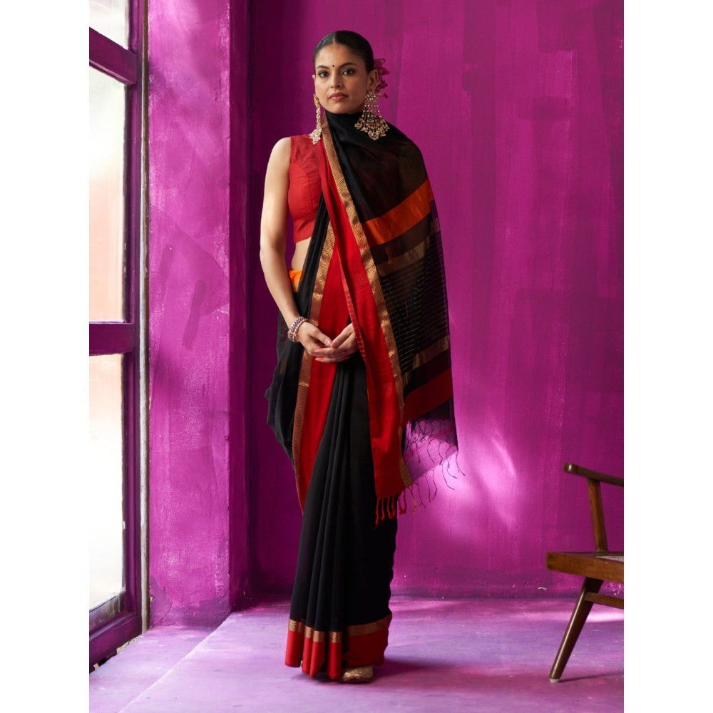 Five Point Five Black Stripes Mohini Saree with Unstitched Blouse