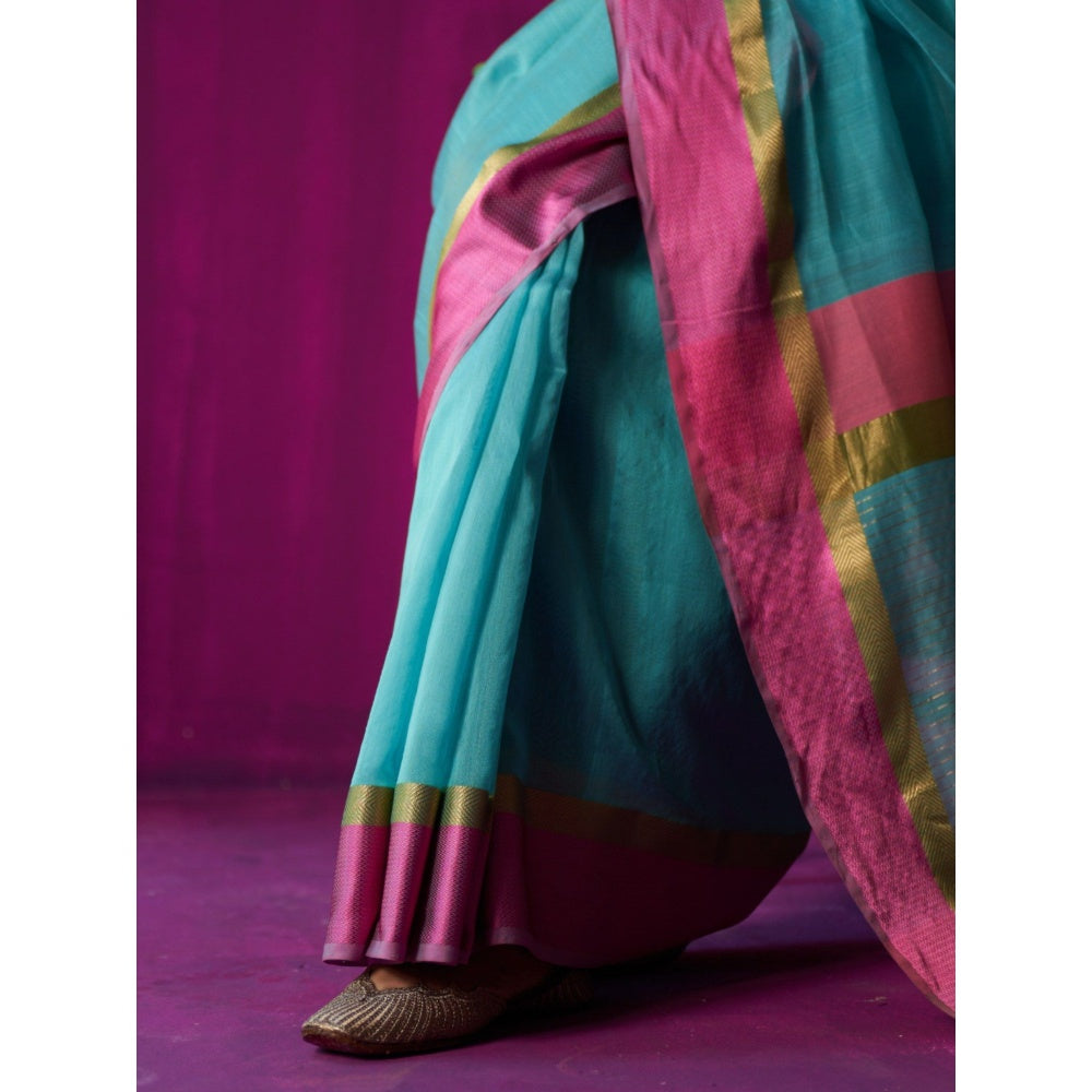 Five Point Five Blue Stripes Indira Saree with Unstitched Blouse