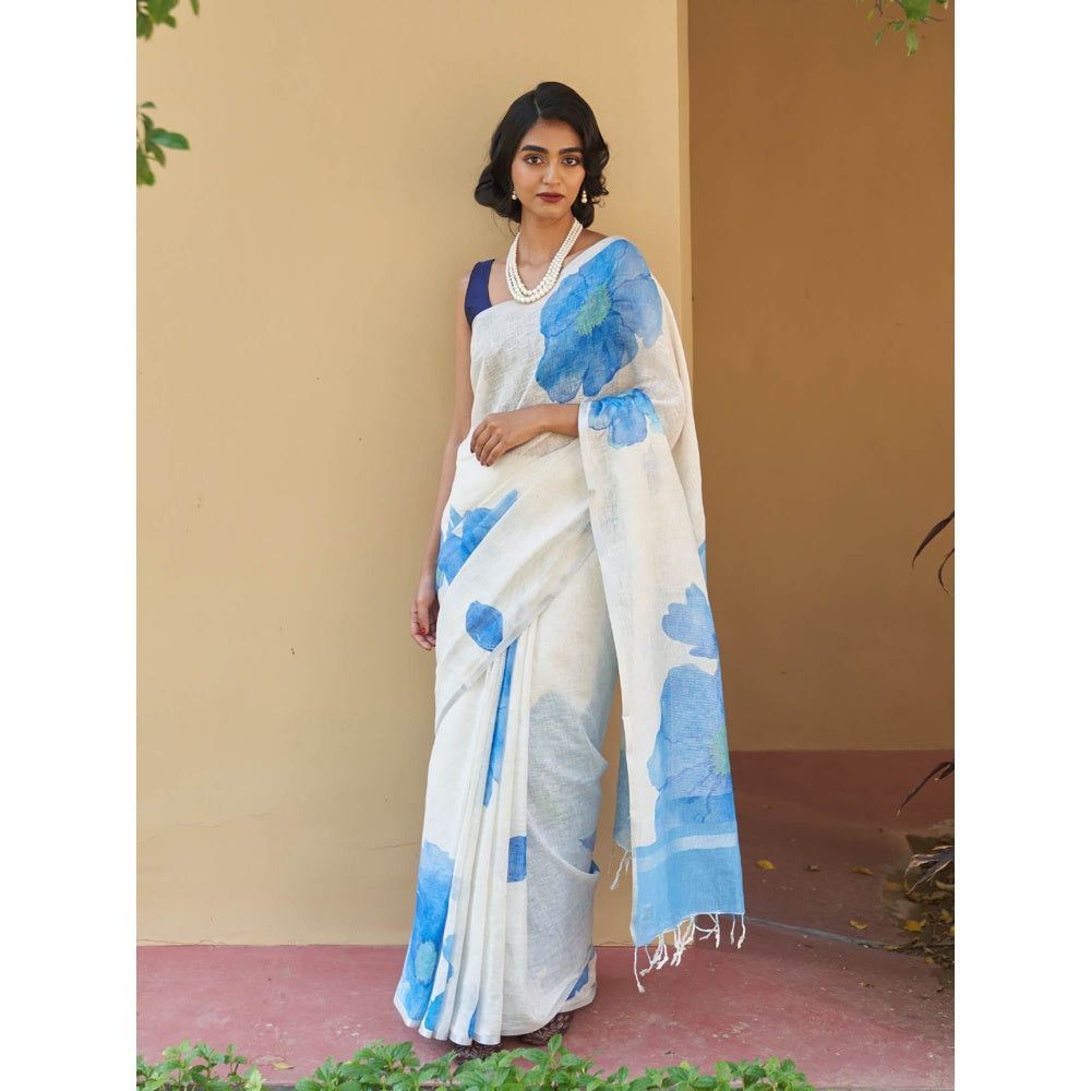 Five Point Five Vani Linen Blue Saree with Unstitched Blouse