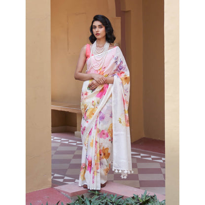 Five Point Five Kusum White Floral Saree with Unstitched Blouse