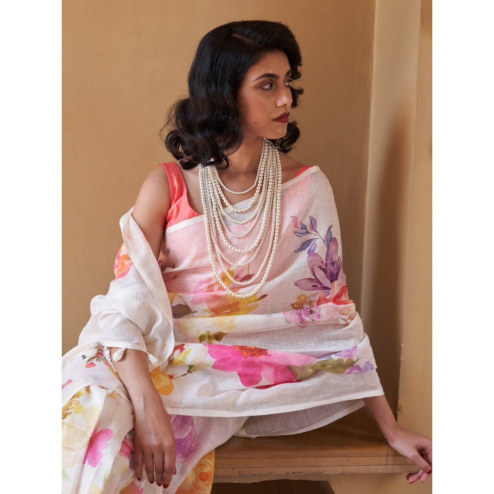 Five Point Five Kusum White Floral Saree with Unstitched Blouse