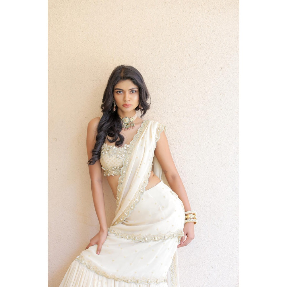 FORAM PATEL Cream Embroidered Mumtaz Pre-Drape Saree with Stitched Blouse