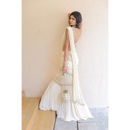 FORAM PATEL Cream Embroidered Mumtaz Pre-Drape Saree with Stitched Blouse