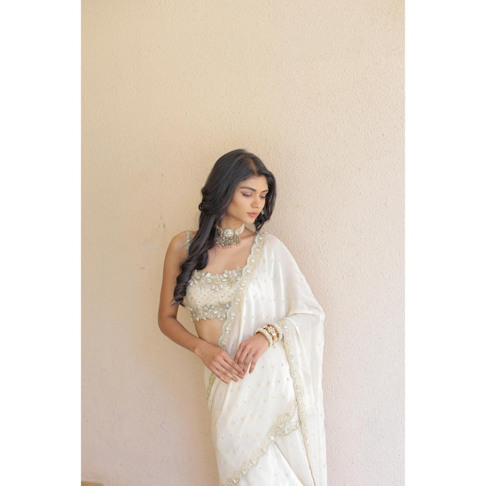 FORAM PATEL Cream Embroidered Mumtaz Pre-Drape Saree with Stitched Blouse