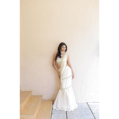 FORAM PATEL Cream Embroidered Mumtaz Pre-Drape Saree with Stitched Blouse