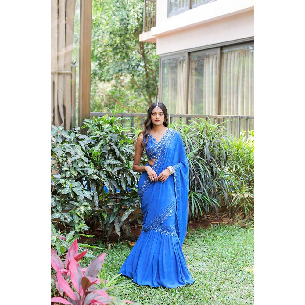 FORAM PATEL Blue Embroidered Mumtaz Pre-Drape Saree with Stitched Blouse