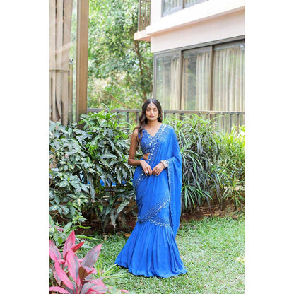 FORAM PATEL Blue Embroidered Mumtaz Pre-Drape Saree with Stitched Blouse