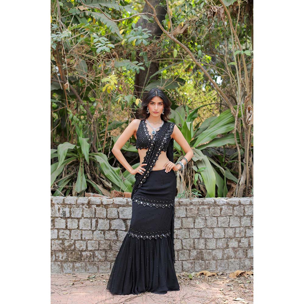 FORAM PATEL Black Embroidered Mumtaz Pre-Drape Saree with Stitched Blouse