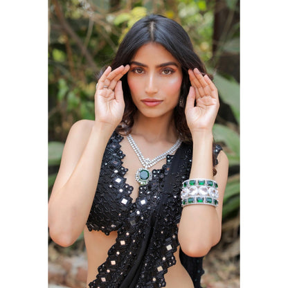 FORAM PATEL Black Embroidered Mumtaz Pre-Drape Saree with Stitched Blouse