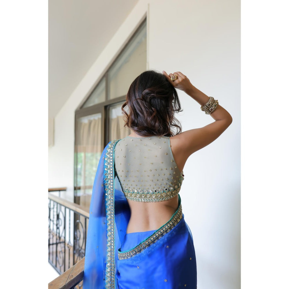 FORAM PATEL Blue Embroidered Organza Pre-Drape Saree with Stitched Blouse