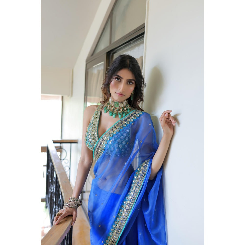 FORAM PATEL Blue Embroidered Organza Pre-Drape Saree with Stitched Blouse
