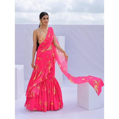 FORAM PATEL Pink Printed Ruffle Pre-Drape Saree with Stitched Blouse