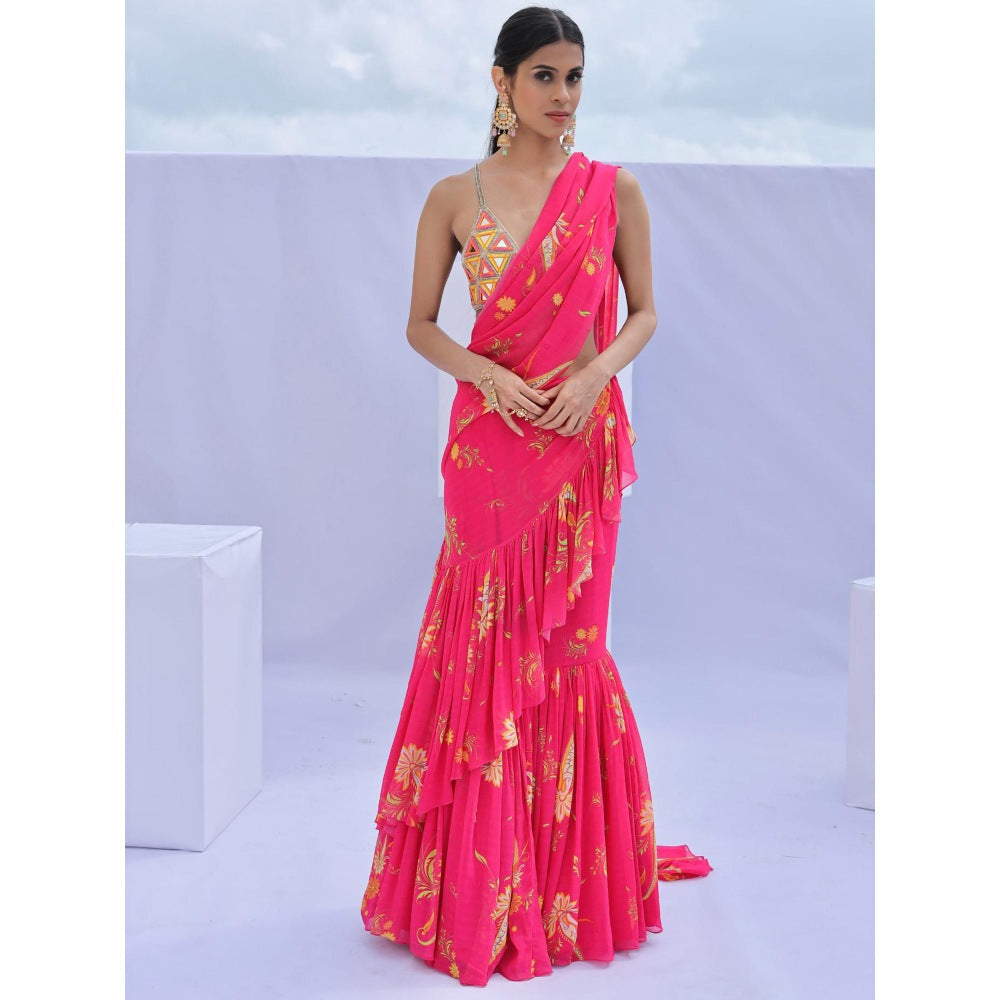 FORAM PATEL Pink Printed Ruffle Pre-Drape Saree with Stitched Blouse