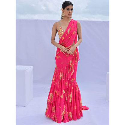 FORAM PATEL Pink Printed Ruffle Pre-Drape Saree with Stitched Blouse