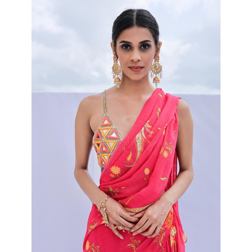 FORAM PATEL Pink Printed Ruffle Pre-Drape Saree with Stitched Blouse