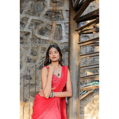 FORAM PATEL Red Mirror Embroidered Ruffle Skirt with Blouse and Dupatta (Set of 3)