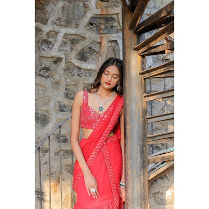 FORAM PATEL Red Mirror Embroidered Ruffle Skirt with Blouse and Dupatta (Set of 3)