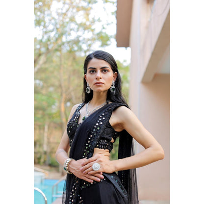 FORAM PATEL Black Mirror Embroidered Ruffle Skirt with Blouse and Dupatta (Set of 3)