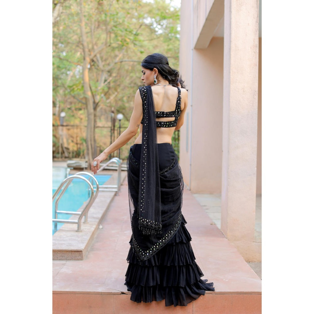FORAM PATEL Black Mirror Embroidered Ruffle Skirt with Blouse and Dupatta (Set of 3)