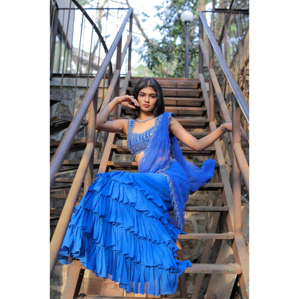 FORAM PATEL Blue Mirror Embroidered Ruffle Skirt with Blouse and Dupatta (Set of 3)