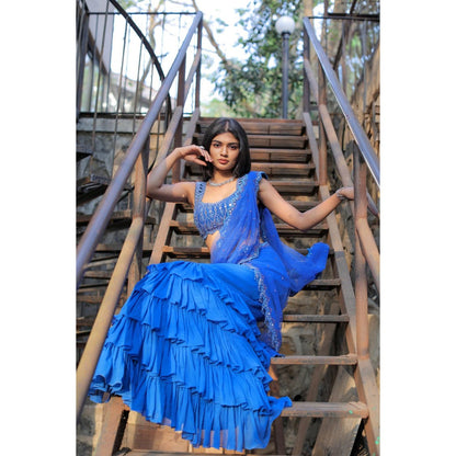 FORAM PATEL Blue Mirror Embroidered Ruffle Skirt with Blouse and Dupatta (Set of 3)