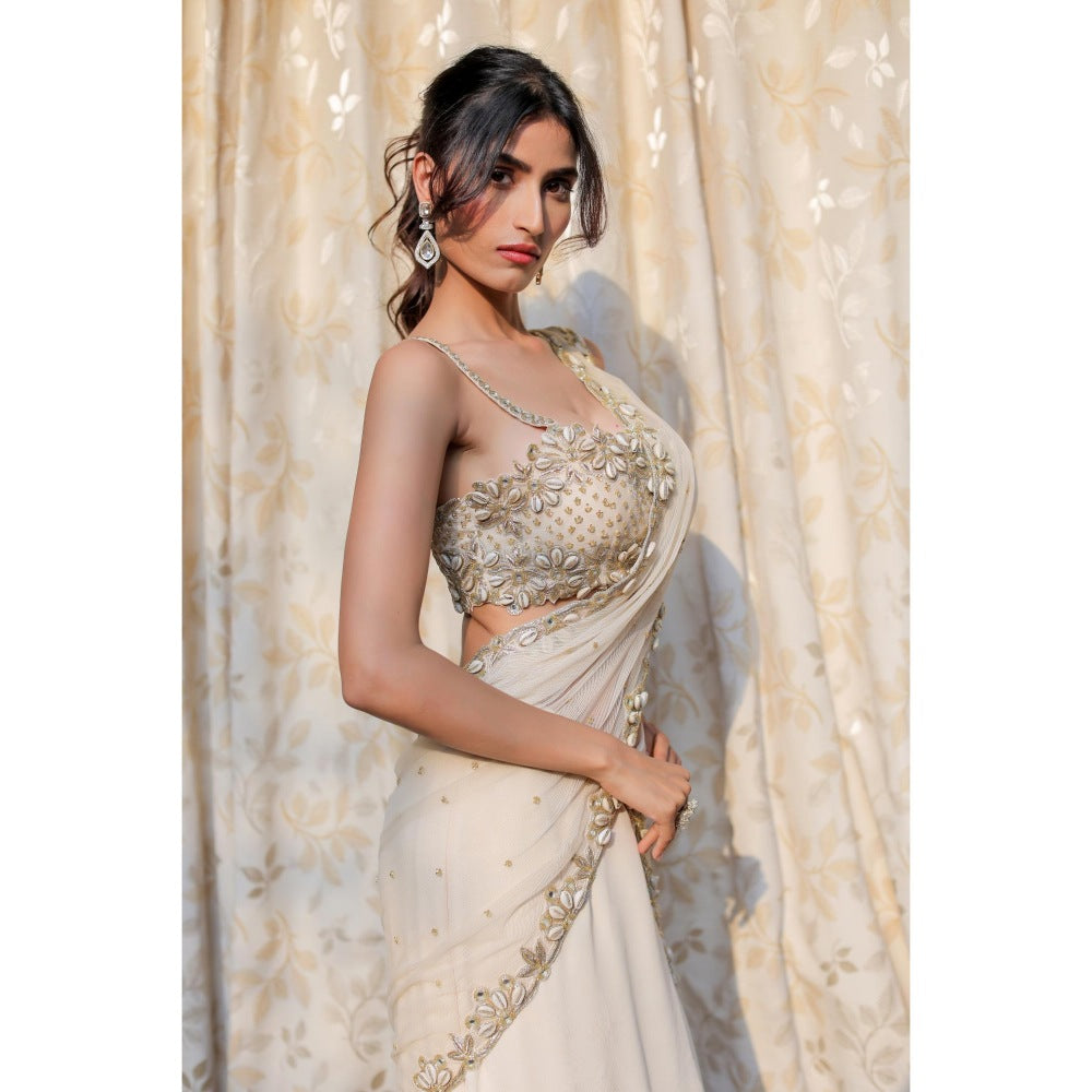 FORAM PATEL Cream and Gold Embroidered Ruffle Skirt with Blouse and Dupatta (Set of 3)