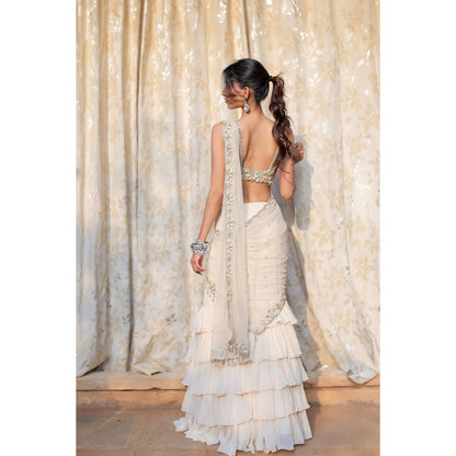 FORAM PATEL Cream and Gold Embroidered Ruffle Skirt with Blouse and Dupatta (Set of 3)