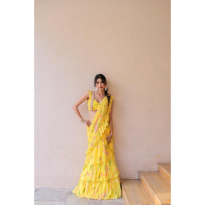 FORAM PATEL Yellow Printed Ruffle Pre-Drape Saree with Stitched Blouse