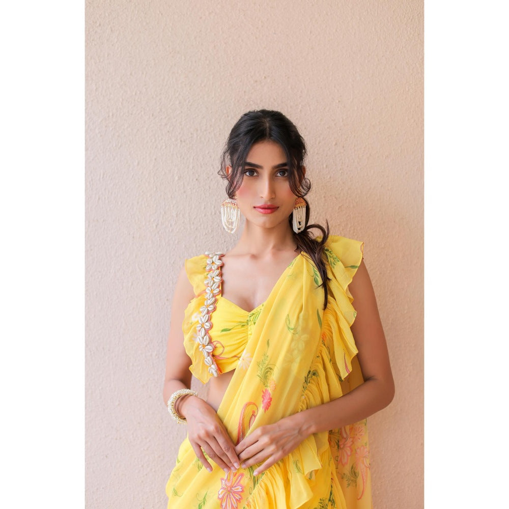 FORAM PATEL Yellow Printed Ruffle Pre-Drape Saree with Stitched Blouse
