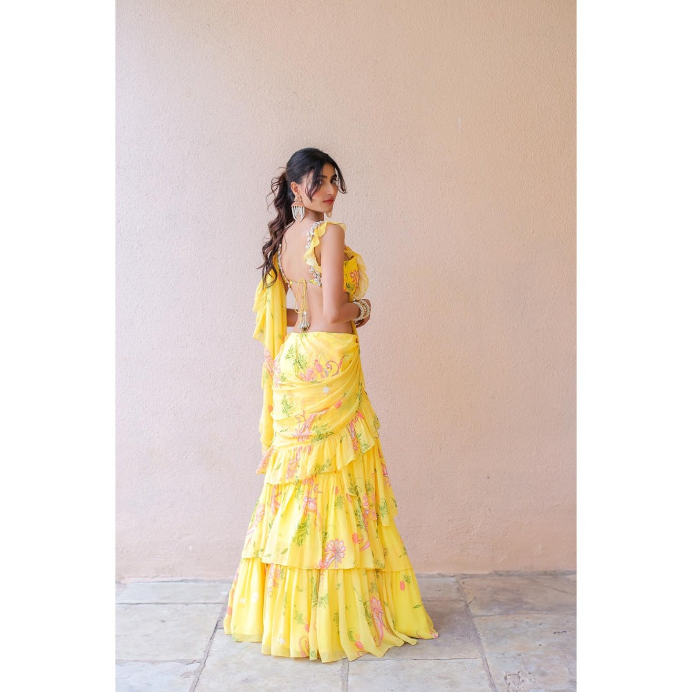 FORAM PATEL Yellow Printed Ruffle Pre-Drape Saree with Stitched Blouse
