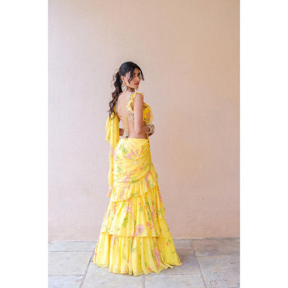 FORAM PATEL Yellow Printed Ruffle Pre-Drape Saree with Stitched Blouse