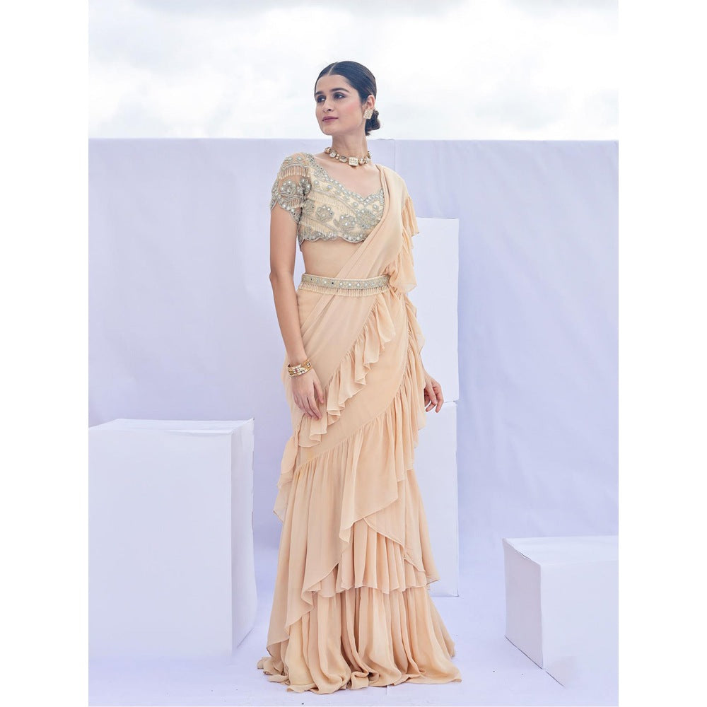 FORAM PATEL Beige Solid Pre-Draped Ruffle Saree with Embroidered Stitched Blouse and Belt