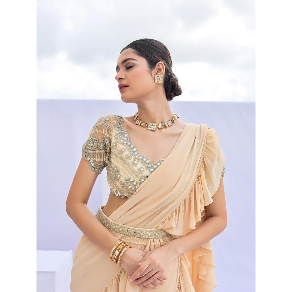 FORAM PATEL Beige Solid Pre-Draped Ruffle Saree with Embroidered Stitched Blouse and Belt