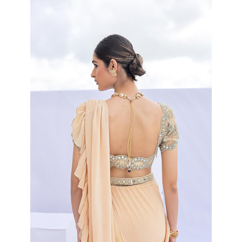 FORAM PATEL Beige Solid Pre-Draped Ruffle Saree with Embroidered Stitched Blouse and Belt
