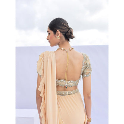 FORAM PATEL Beige Solid Pre-Draped Ruffle Saree with Embroidered Stitched Blouse and Belt
