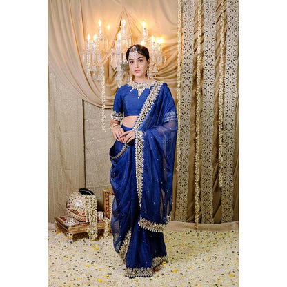 FORAM PATEL Navy Blue Embroidered Pre-Draped Saree with Stitched Blouse