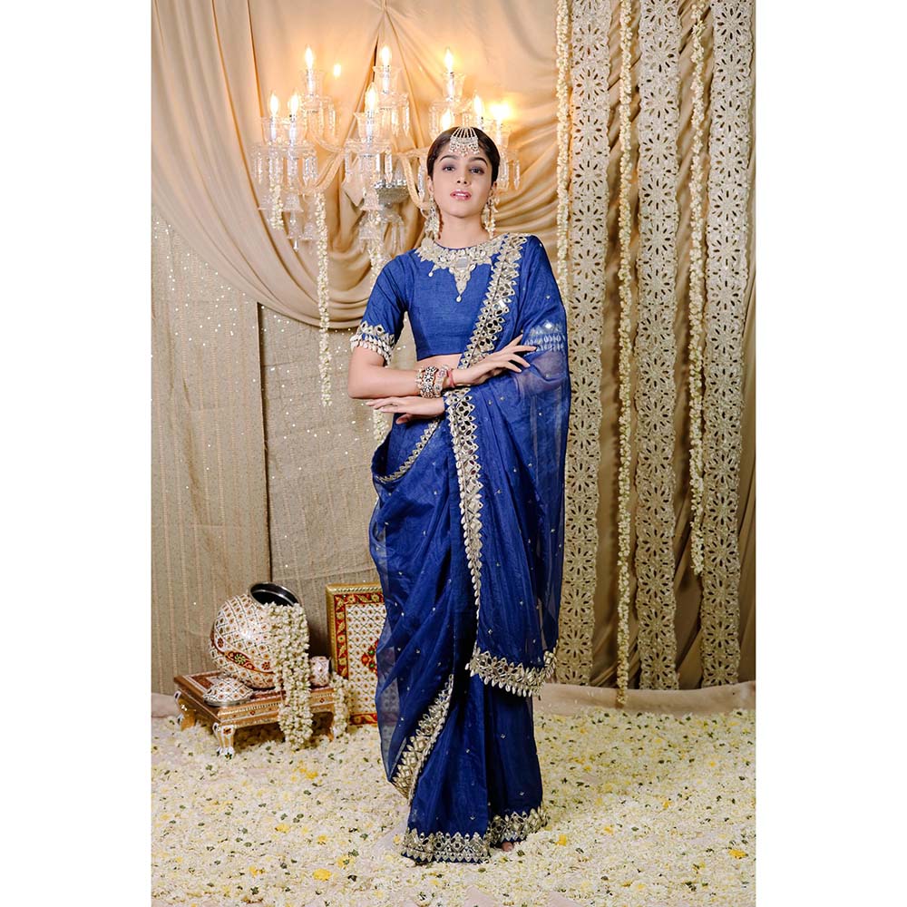 FORAM PATEL Navy Blue Embroidered Pre-Draped Saree with Stitched Blouse