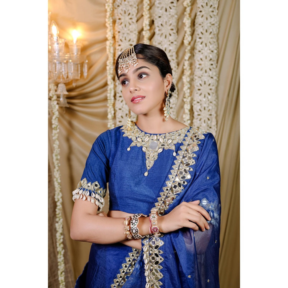 FORAM PATEL Navy Blue Embroidered Pre-Draped Saree with Stitched Blouse
